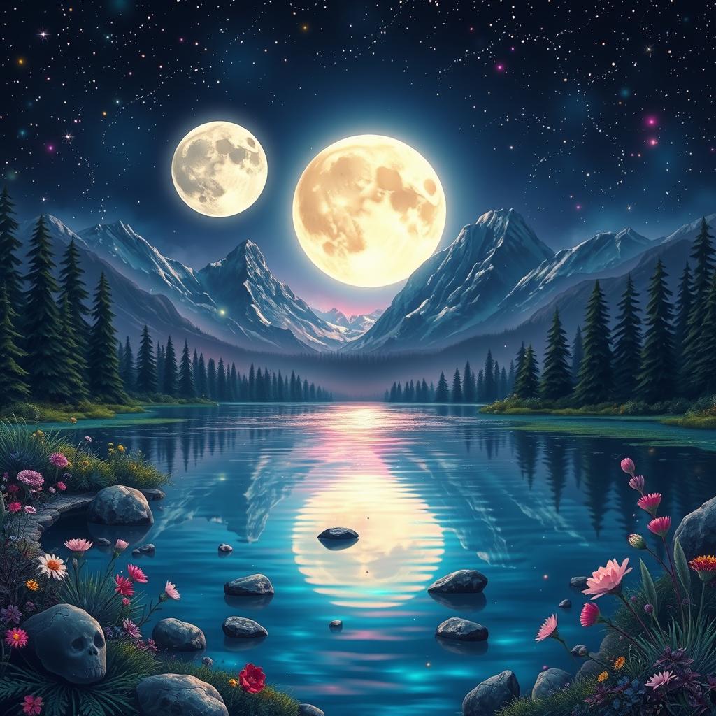 A whimsical night landscape filled with fantasy elements, showcasing a serene lake that reflects the vibrant glow of a full moon