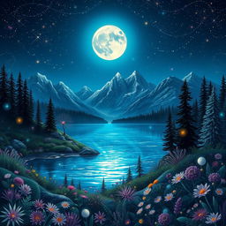 A whimsical night landscape filled with fantasy elements, showcasing a serene lake that reflects the vibrant glow of a full moon