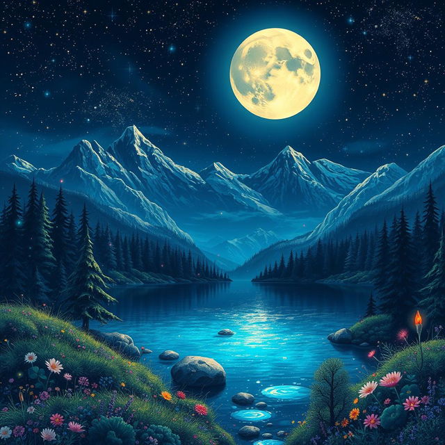 A whimsical night landscape filled with fantasy elements, showcasing a serene lake that reflects the vibrant glow of a full moon