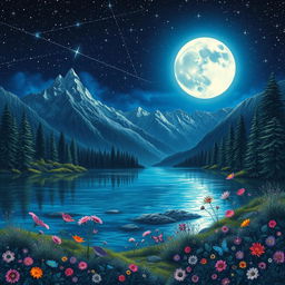 A whimsical night landscape filled with fantasy elements, showcasing a serene lake that reflects the vibrant glow of a full moon