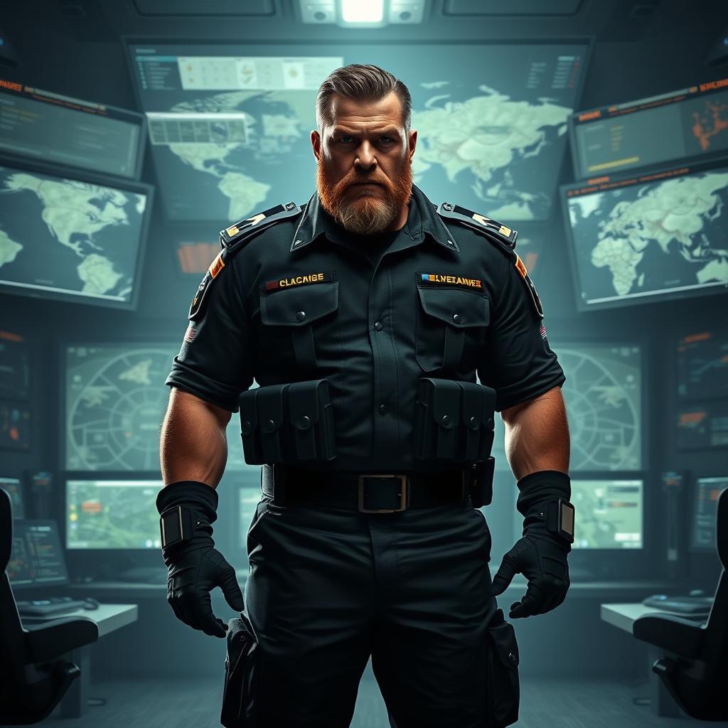 A powerful, imposing figure who is a legendary military leader, dressed in military attire with insignia, standing in a commanding posture in front of a war room filled with tactical maps and high-tech equipment