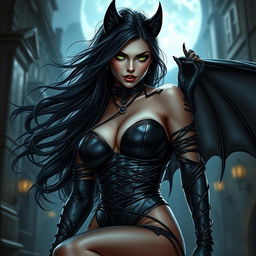 A stunning portrayal of a Catwoman-inspired demon character featuring luxurious black hair flowing dramatically