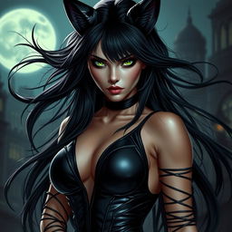 A stunning portrayal of a Catwoman-inspired demon character featuring luxurious black hair flowing dramatically