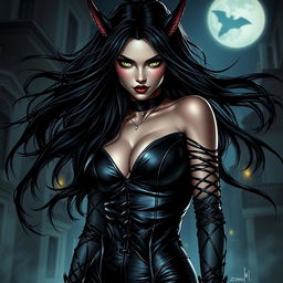 A stunning portrayal of a Catwoman-inspired demon character featuring luxurious black hair flowing dramatically