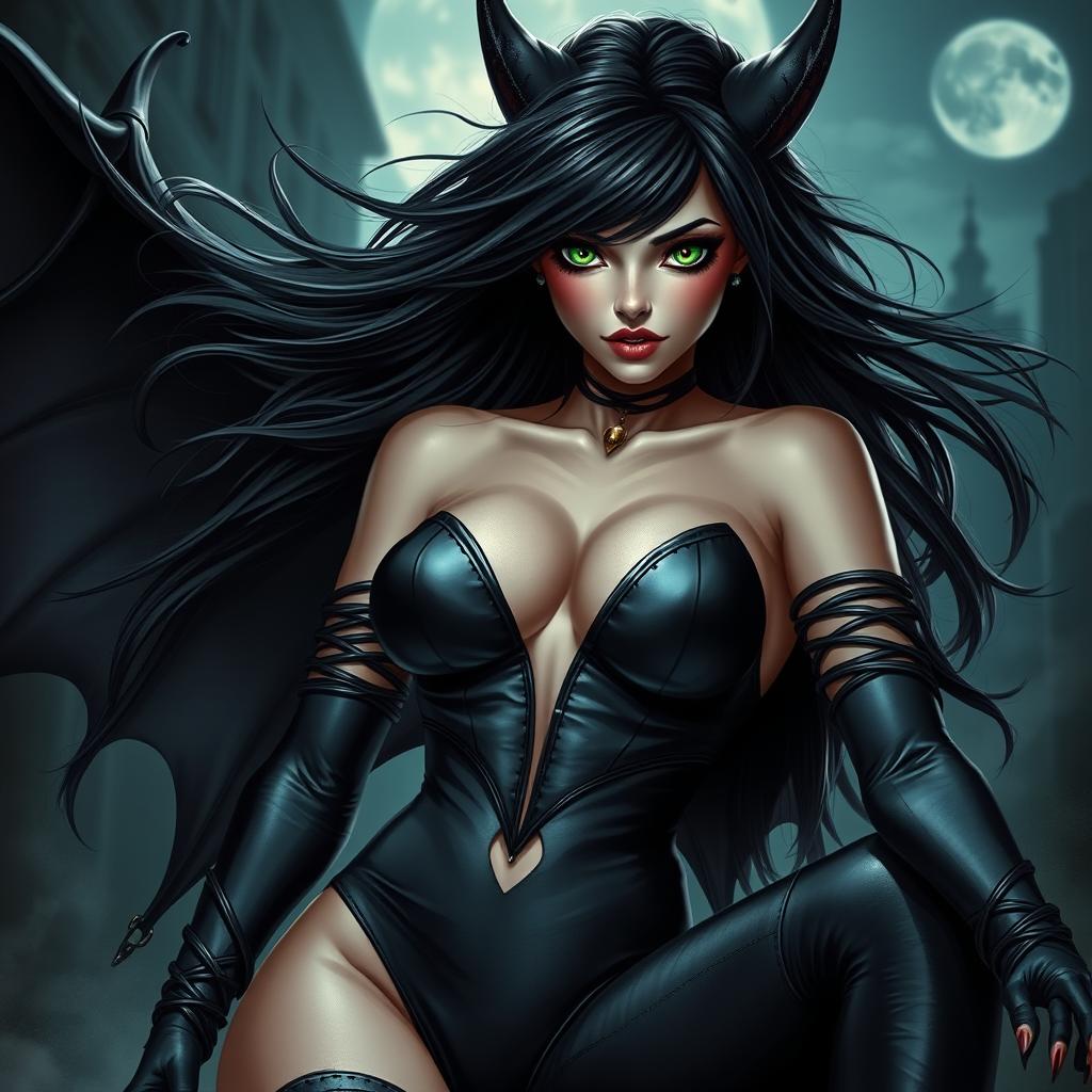 A stunning portrayal of a Catwoman-inspired demon character featuring luxurious black hair flowing dramatically