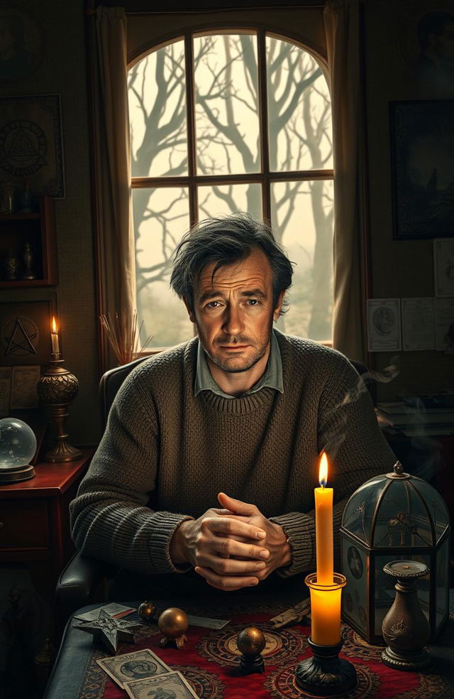 A middle-aged man with a worried expression, sitting in a dimly lit room filled with various superstitious objects like crystal balls, tarot cards, and incense sticks