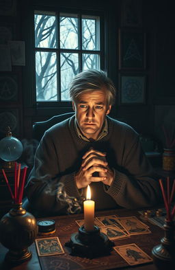 A middle-aged man with a worried expression, sitting in a dimly lit room filled with various superstitious objects like crystal balls, tarot cards, and incense sticks