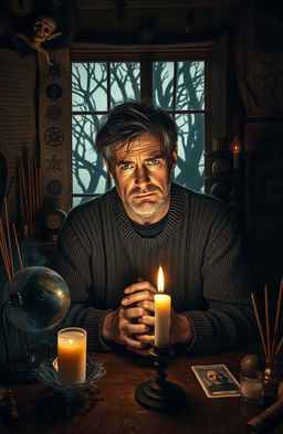 A middle-aged man with a worried expression, sitting in a dimly lit room filled with various superstitious objects like crystal balls, tarot cards, and incense sticks