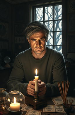 A middle-aged man with a worried expression, sitting in a dimly lit room filled with various superstitious objects like crystal balls, tarot cards, and incense sticks