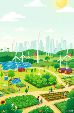 A vibrant illustration depicting various green technologies that are transforming the world