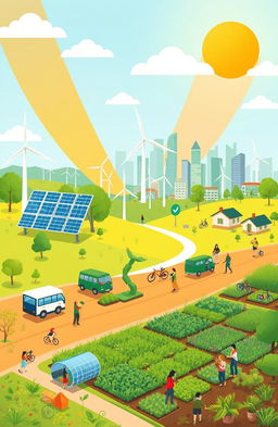 A vibrant illustration depicting various green technologies that are transforming the world