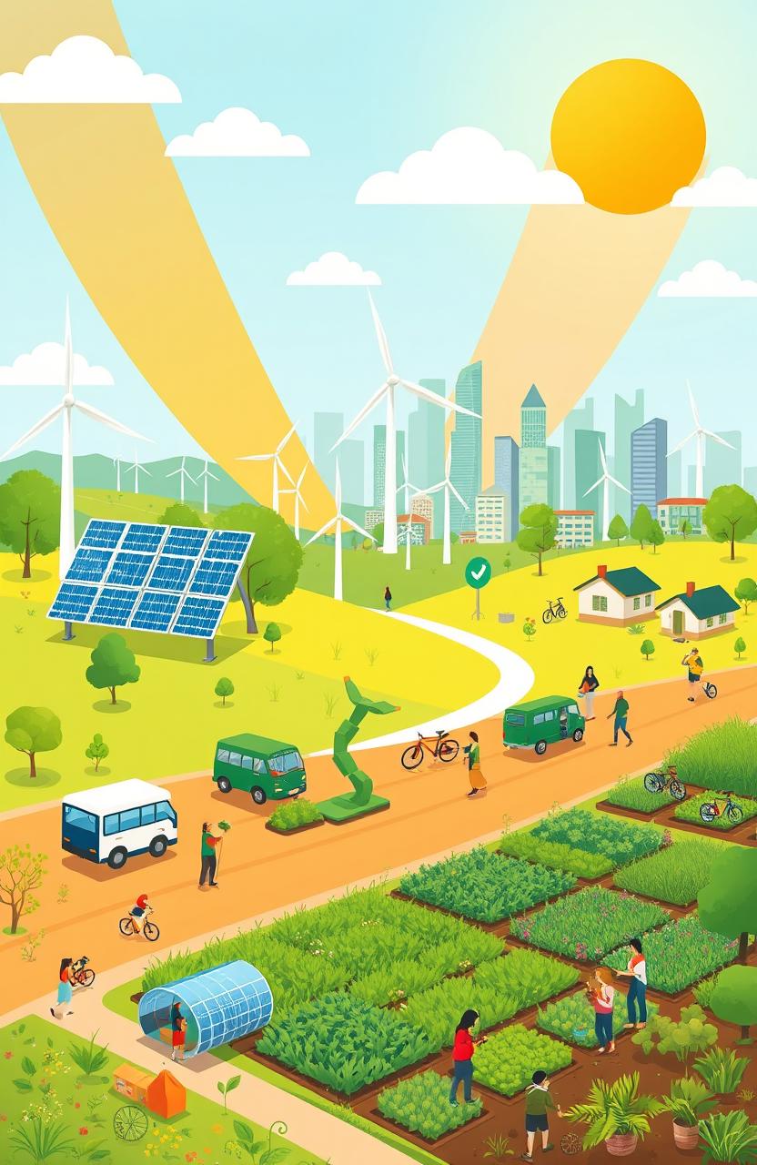 A vibrant illustration depicting various green technologies that are transforming the world