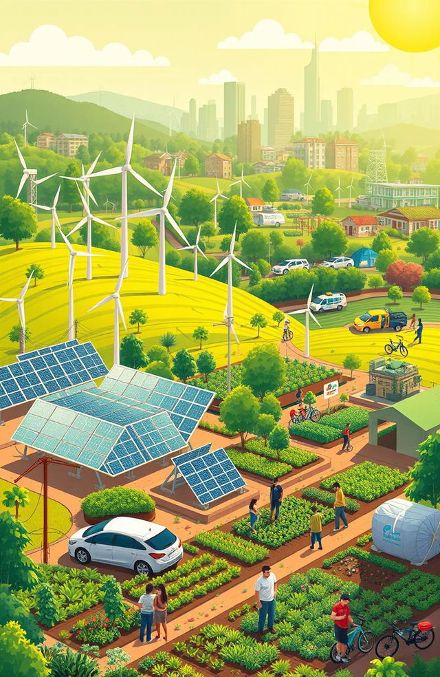 A vibrant illustration depicting various green technologies that are transforming the world