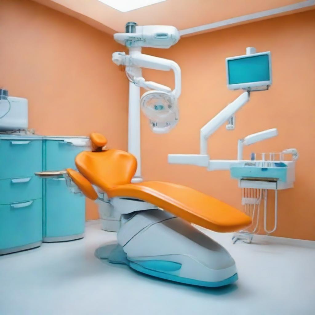 A dental unit with a striking color combination, featuring an orange dental chair against a white floor, with the rest of the room in light blue. The unit also includes modern dental equipment, offering a professional yet lively atmosphere.