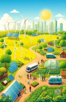 A vibrant illustration depicting various green technologies that are transforming the world