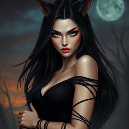 A mesmerizing depiction of a woman resembling a catdemon, featuring long, sleek black hair that falls gracefully around her shoulders