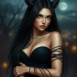 A mesmerizing depiction of a woman resembling a catdemon, featuring long, sleek black hair that falls gracefully around her shoulders