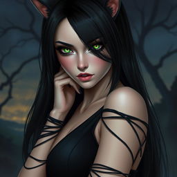 A mesmerizing depiction of a woman resembling a catdemon, featuring long, sleek black hair that falls gracefully around her shoulders