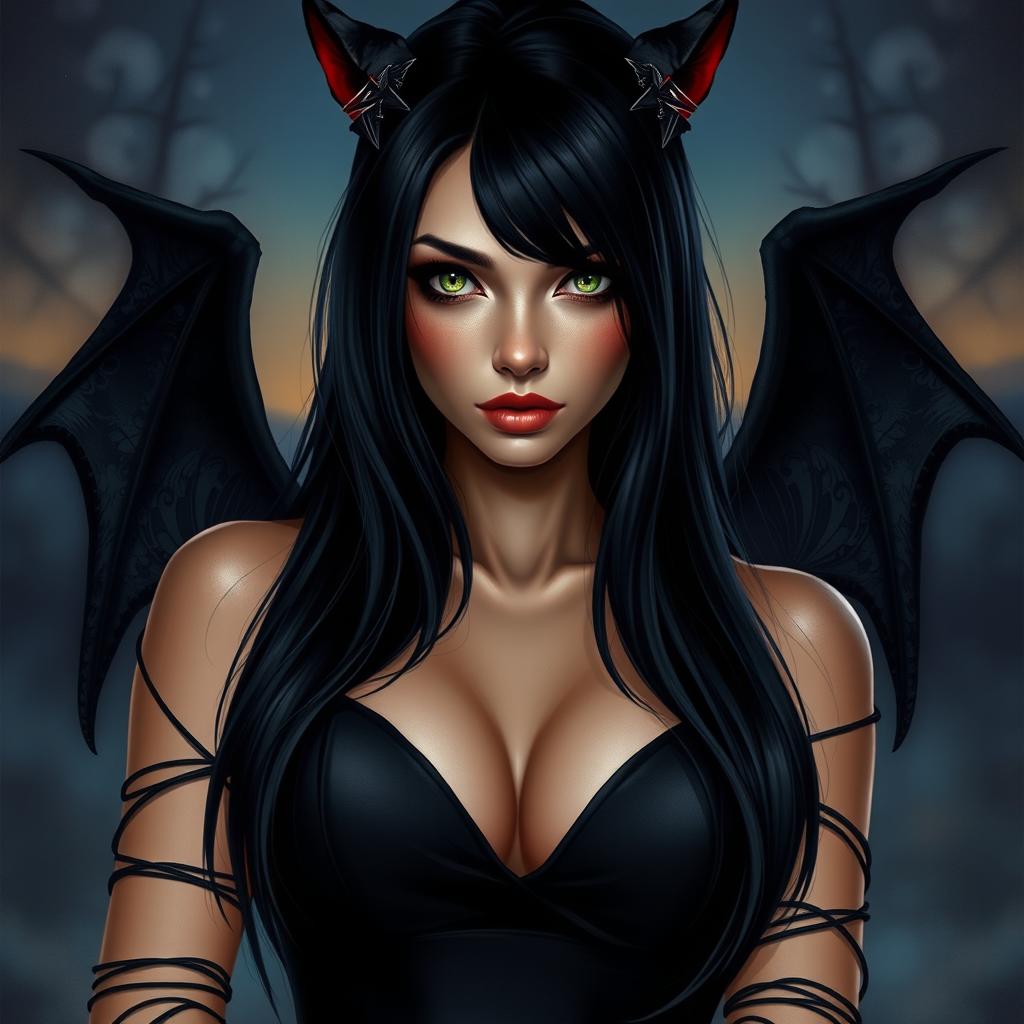 A mesmerizing depiction of a woman resembling a catdemon, featuring long, sleek black hair that falls gracefully around her shoulders