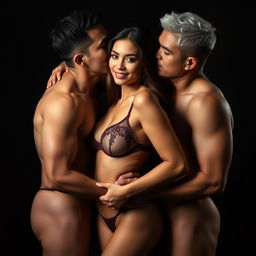 Two Indonesian men with pure white skin are affectionately and intimidatingly hugging a beautiful 28-year-old woman from behind while kissing her cheek