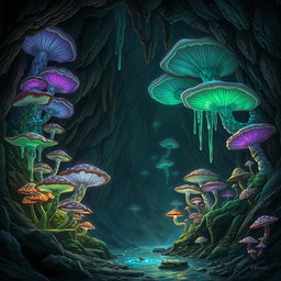 A mesmerizing fungi-filled cavern in the Underdark, illuminated by bioluminescent mushrooms casting a mystical glow on the damp, rocky walls