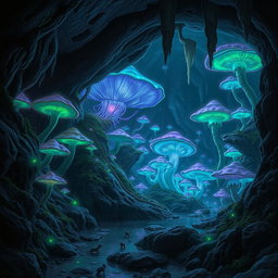 A mesmerizing fungi-filled cavern in the Underdark, illuminated by bioluminescent mushrooms casting a mystical glow on the damp, rocky walls