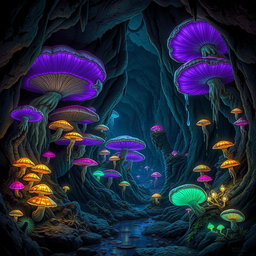 A mesmerizing fungi-filled cavern in the Underdark, illuminated by bioluminescent mushrooms casting a mystical glow on the damp, rocky walls