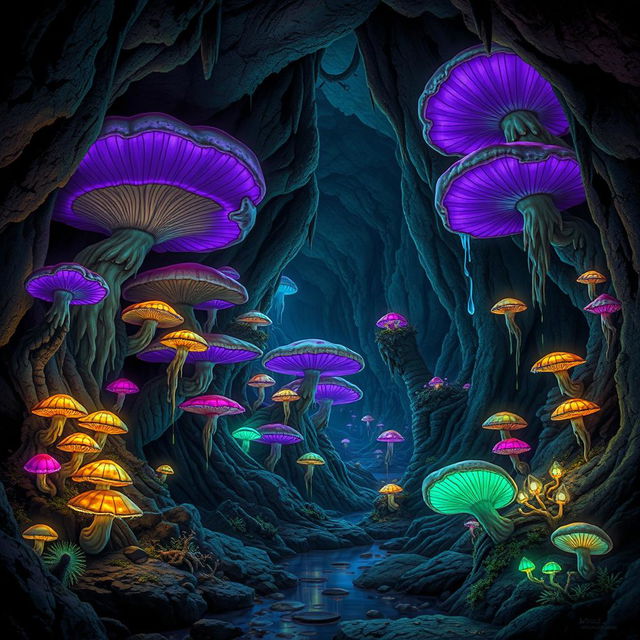 A mesmerizing fungi-filled cavern in the Underdark, illuminated by bioluminescent mushrooms casting a mystical glow on the damp, rocky walls
