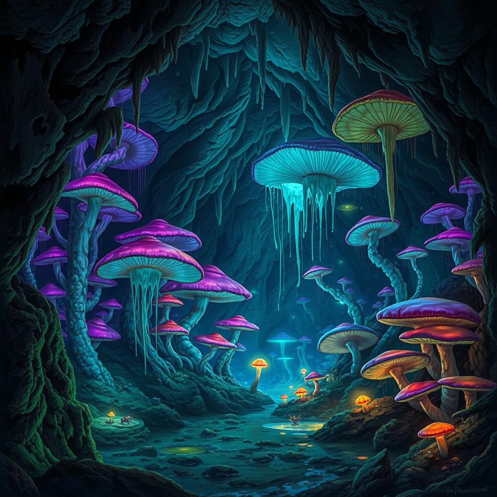 A mesmerizing fungi-filled cavern in the Underdark, illuminated by bioluminescent mushrooms casting a mystical glow on the damp, rocky walls