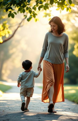 A serene and poignant scene depicting a mother and her adolescent child holding hands and walking together
