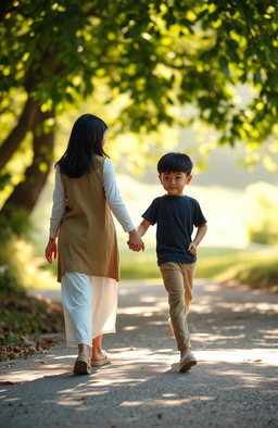 A serene and poignant scene depicting a mother and her adolescent child holding hands and walking together