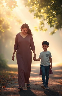 A serene and poignant scene depicting a mother and her adolescent child holding hands and walking together
