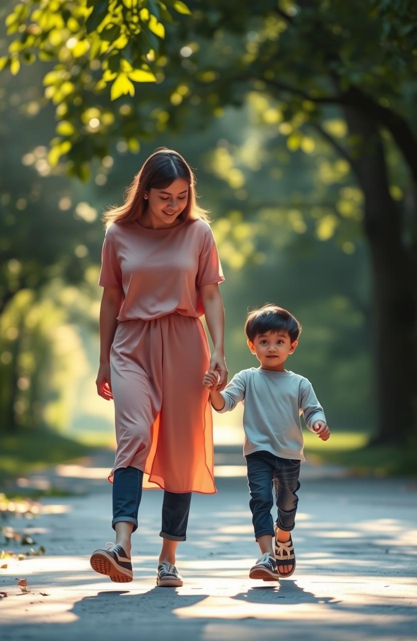 A serene and poignant scene depicting a mother and her adolescent child holding hands and walking together