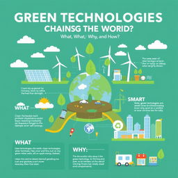 A compelling infographic-style illustration showcasing the theme "Green Technologies Changing the World: What, Why, and How?" The artwork includes visual elements representing solar energy panels, wind turbines, electric vehicles, and smart city infrastructure