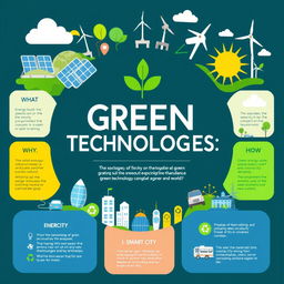 A compelling infographic-style illustration showcasing the theme "Green Technologies Changing the World: What, Why, and How?" The artwork includes visual elements representing solar energy panels, wind turbines, electric vehicles, and smart city infrastructure