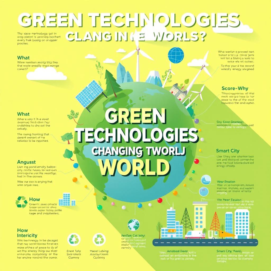 A compelling infographic-style illustration showcasing the theme "Green Technologies Changing the World: What, Why, and How?" The artwork includes visual elements representing solar energy panels, wind turbines, electric vehicles, and smart city infrastructure