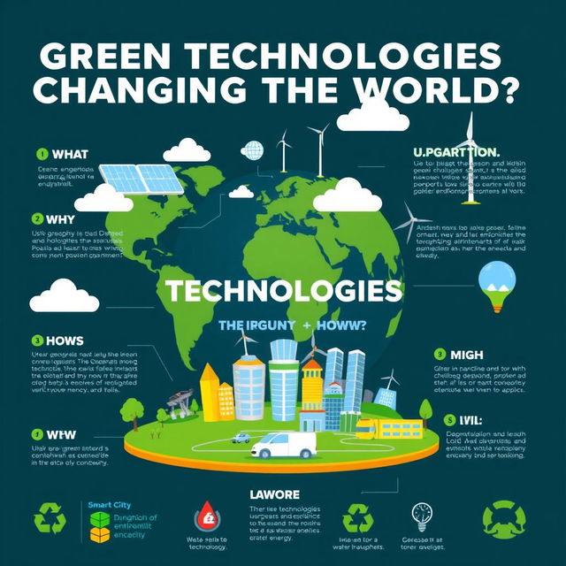 A compelling infographic-style illustration showcasing the theme "Green Technologies Changing the World: What, Why, and How?" The artwork includes visual elements representing solar energy panels, wind turbines, electric vehicles, and smart city infrastructure