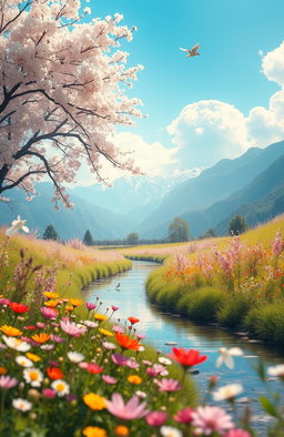 A mystical, enchanting setting representing the month of April, with soft light filtering through blossoming cherry blossom trees