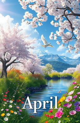 A mystical, enchanting setting representing the month of April, with soft light filtering through blossoming cherry blossom trees