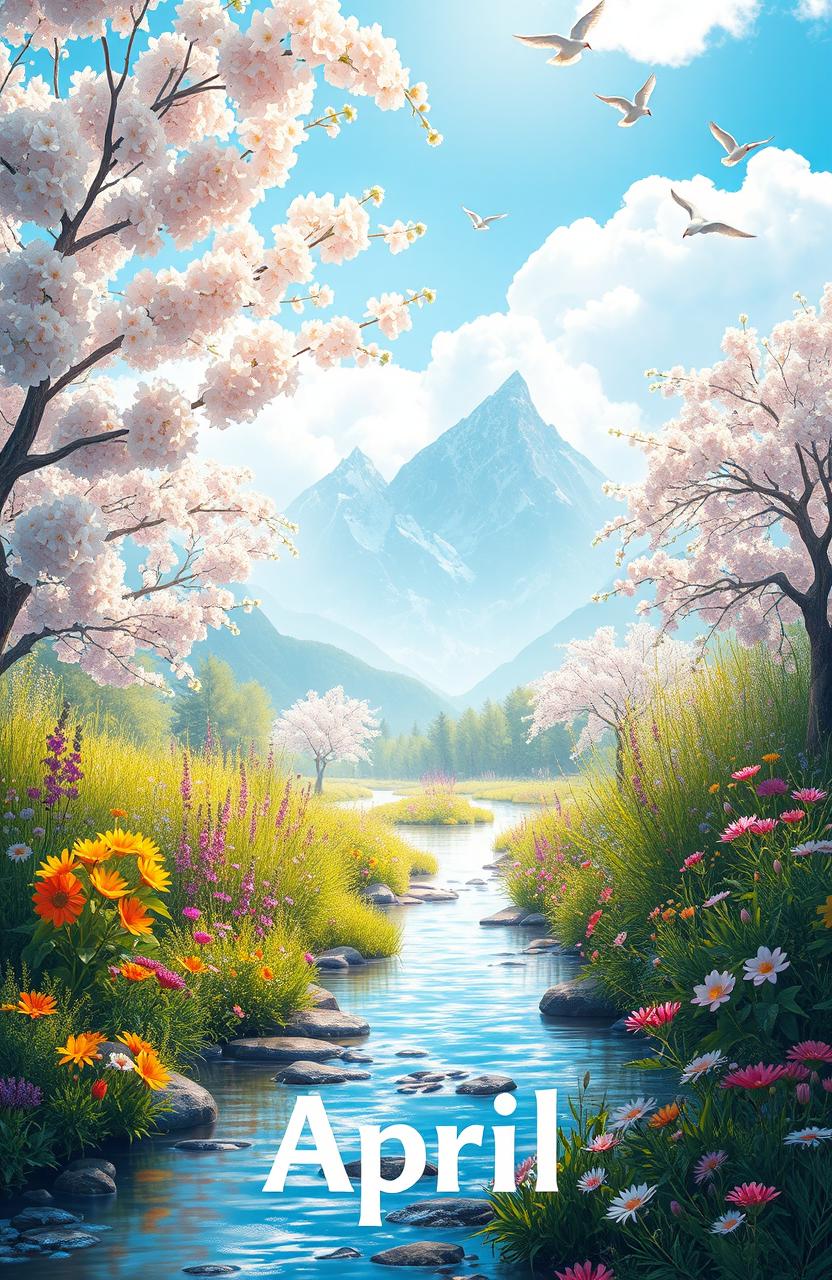 A mystical, enchanting setting representing the month of April, with soft light filtering through blossoming cherry blossom trees