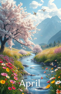 A mystical, enchanting setting representing the month of April, with soft light filtering through blossoming cherry blossom trees