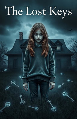 A dark and atmospheric book cover titled "The Lost Keys" featuring a 14-year-old girl standing in front of a spooky, old house
