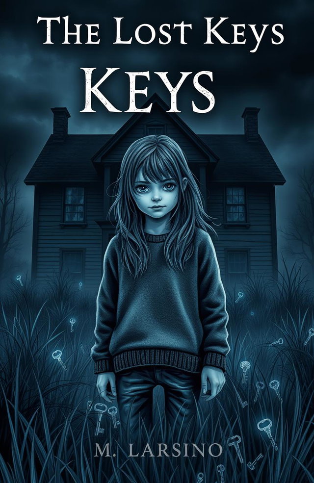 A dark and atmospheric book cover titled "The Lost Keys" featuring a 14-year-old girl standing in front of a spooky, old house