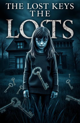 A dark and atmospheric book cover titled "The Lost Keys" featuring a 14-year-old girl standing in front of a spooky, old house