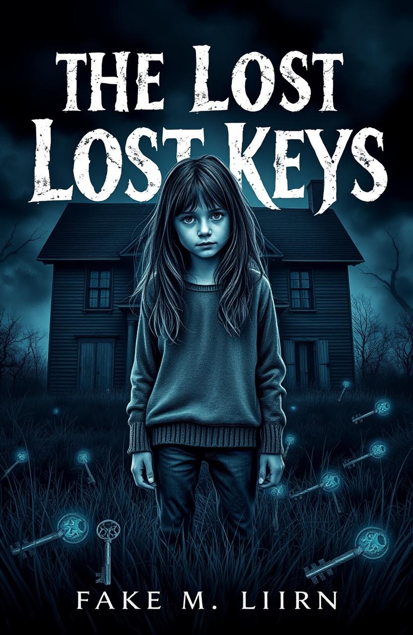 A dark and atmospheric book cover titled "The Lost Keys" featuring a 14-year-old girl standing in front of a spooky, old house