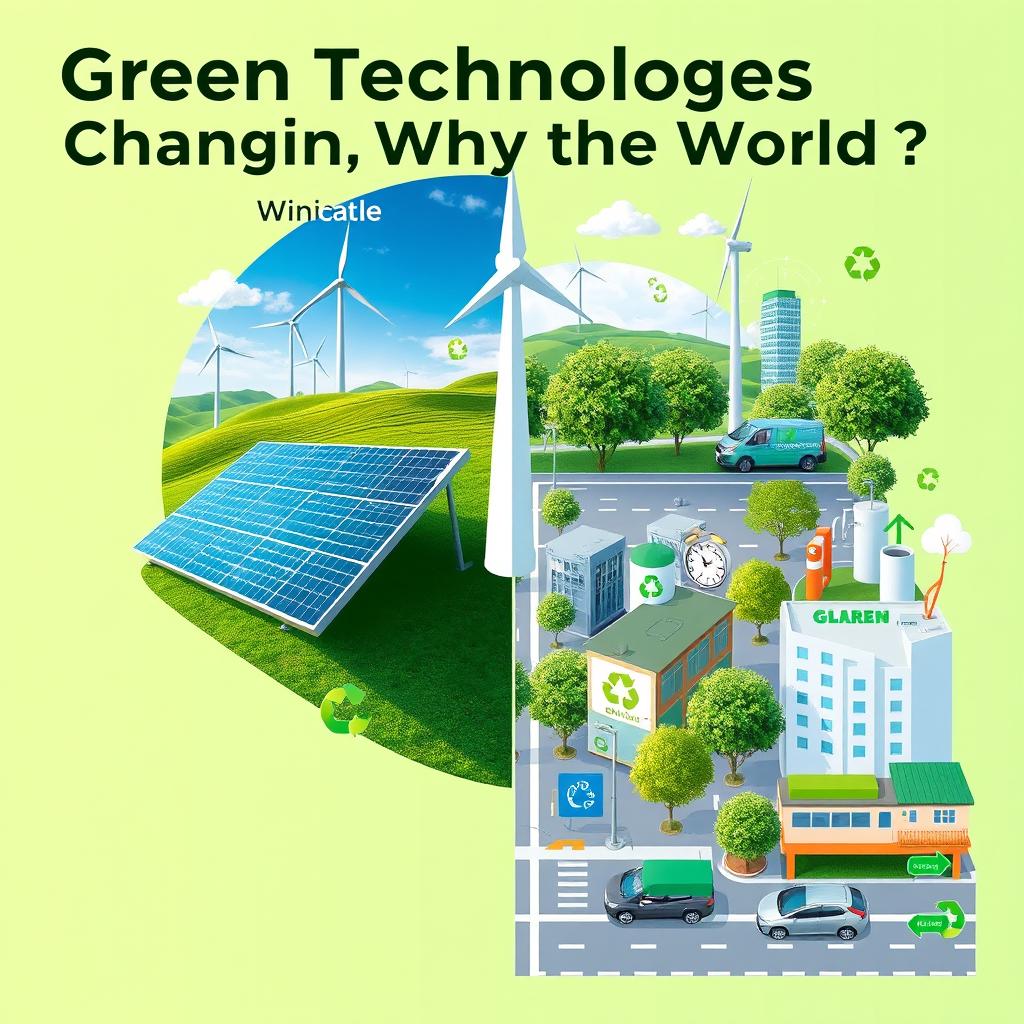 An engaging visual representation of the concept "Green Technologies Changing the World: What, Why, and How?" The artwork features a striking montage: on one side, depict innovative solar panels and wind turbines against a backdrop of blue skies and rolling hills, symbolizing renewable energy