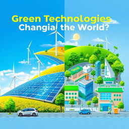 An engaging visual representation of the concept "Green Technologies Changing the World: What, Why, and How?" The artwork features a striking montage: on one side, depict innovative solar panels and wind turbines against a backdrop of blue skies and rolling hills, symbolizing renewable energy