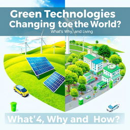 An engaging visual representation of the concept "Green Technologies Changing the World: What, Why, and How?" The artwork features a striking montage: on one side, depict innovative solar panels and wind turbines against a backdrop of blue skies and rolling hills, symbolizing renewable energy
