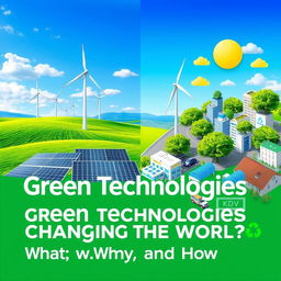 An engaging visual representation of the concept "Green Technologies Changing the World: What, Why, and How?" The artwork features a striking montage: on one side, depict innovative solar panels and wind turbines against a backdrop of blue skies and rolling hills, symbolizing renewable energy