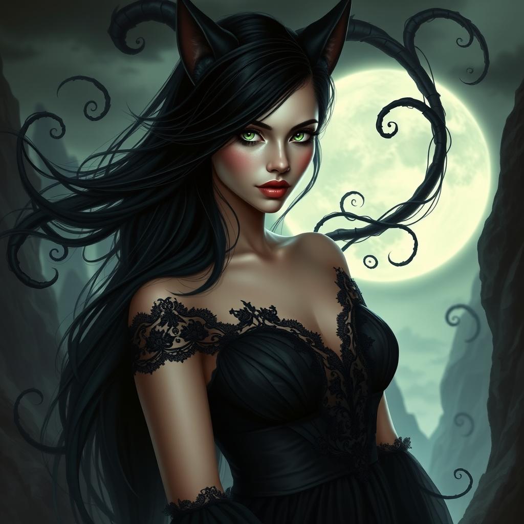 An enchanting depiction of a woman resembling a catdemon, with flowing black hair that cascades down her back and frames her face
